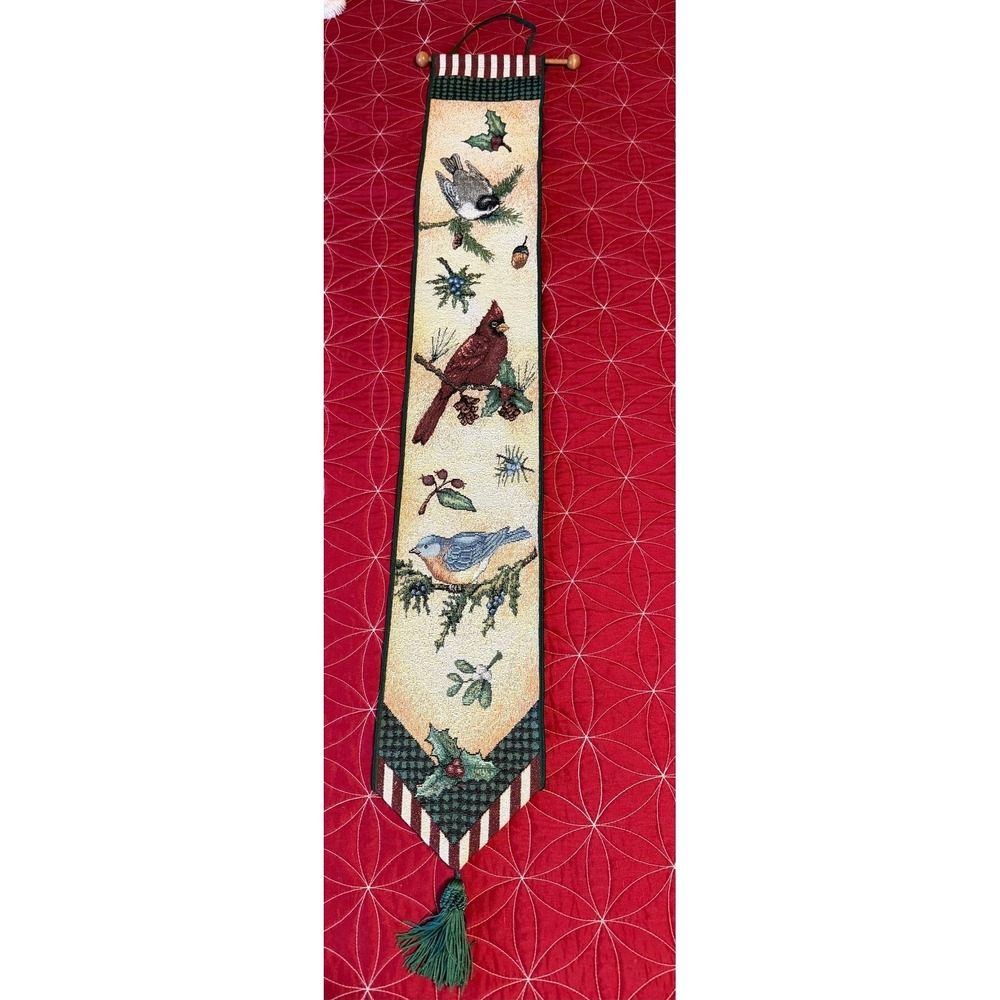 Birdsong Bell Pull Tapestry WallHanging Cardinal Bluebird Christmas Holly Tassel